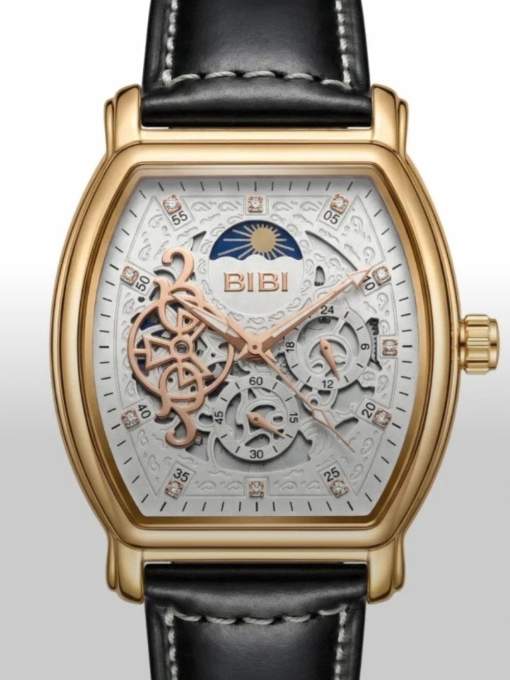 BiBi 10 Series Automatic Watch White Dial Gold Case Black Band Moon Phase  B1032